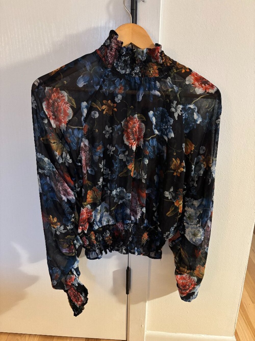 H&M Sheer Floral Blouse | Victorian High Neck Smocked Chiffon Top Romantic Retro